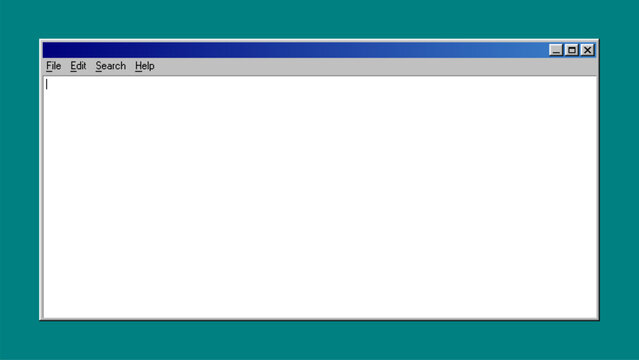 Retro window interface with blank text editor area. Vintage operating system design with menu bar. Classic computer desktop application frame for digital software development concept.