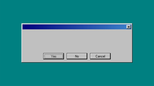 Retro computer message box with yes no and cancel buttons. Digital user interface dialogue window from old operating system. Classic technology design for nostalgic software concept.