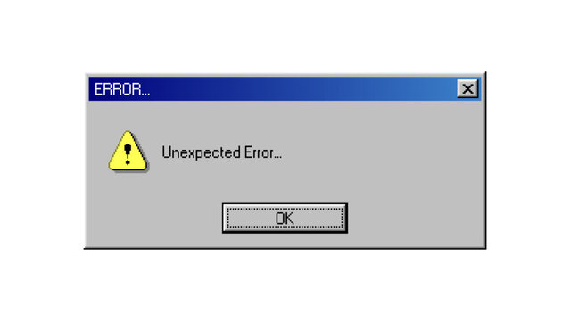 Retro computer error message window with warning icon. Vintage operating system interface design element. Technical failure notification popup box for software development digital project.