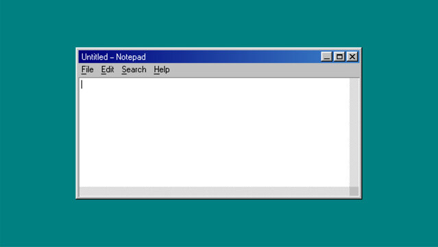 Retro computer window system showing text editor application. Desktop interface with vintage notepad element on a solid teal background. Digital UI design and classic operating system.