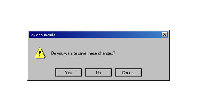 Retro digital warning box on computer screen. Pop up notification asking to save changes. Old software interface design with question and system buttons for classic application experience.