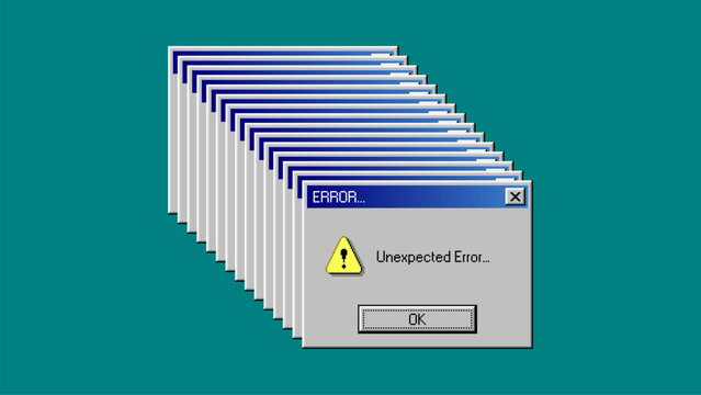 Multiple retro error windows stacked on computer desktop. Classic operating system user interface with warning notice. Vintage digital technology failure or software crash concept.
