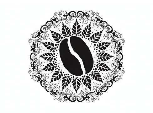 Circular coffee bean vector emblem featuring complex geometric mandala and leaf design