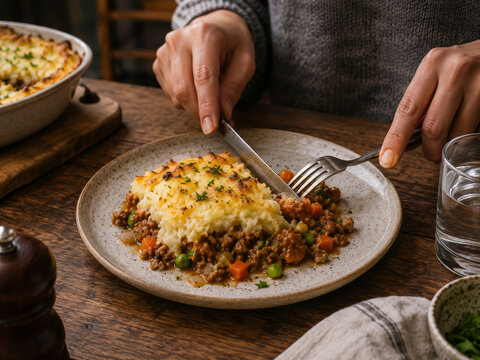Cena en un plato con carne y verduras cubiertas de pur&eacute; de patatas en un ambiente acogedor