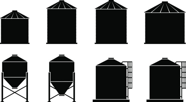 Agricultural Grain Storage Silhouette Bundle with Farm Silos and Hopper Bin Vector Icons