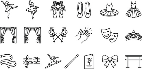 Ballet Performance Accessories Icon Set Featuring Pointe Shoes Stage Curtains Dance Costumes and Theater Symbols © Jaba