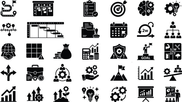 Project management and strategic planning vector icons set for business development operations.