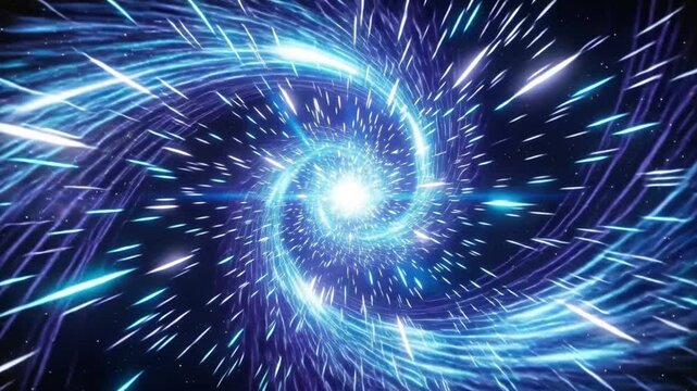 Abstract cosmic vortex background with glowing blue spiral light trails and starburst motion. Futuristic space backdrop for science fiction, technology, gaming, presentations and digital graphics.