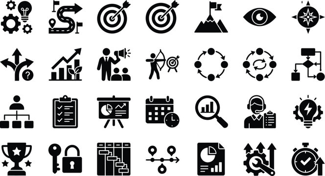 Set of 36 business and startup solid icons suitable for web, mobile apps, and print.