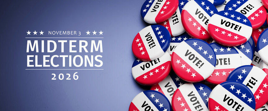 Badges with the text "Vote!" and white stars on blue and red background on a heap on a table. Text "November 3 - Midterm Elections - 2026" to the left. Web banner format