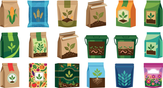 Vector illustration icon set containing various gardening soil bags organic fertilizer pouches plant seeds packets and compost buckets isolated on white