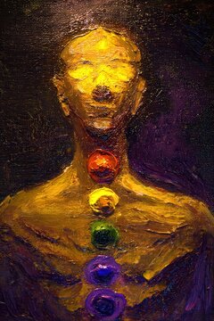 Abstract illustration of human silhouette with glowing energy chakra points for spiritual healing and mindfulness