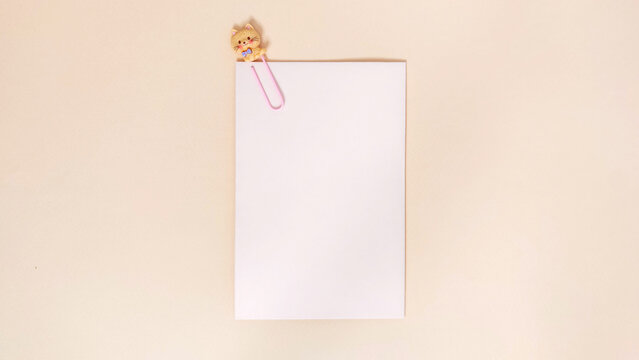 Blank white paper with cute cat paperclip isolated on white background