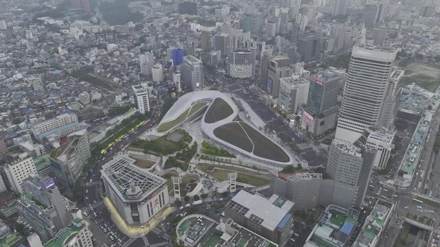 Aerial Drone View of Jongno Cityscape near Dongmyo Station and DDP Dongdaemun Design Plaza in Seoul, South Korea