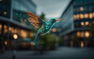 Fototapeta premium Vibrant Neon Hummingbird in Futuristic Cityscape with Tech Elements