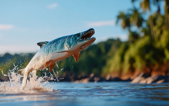 Goliath Tigerfish Launching from Surface in the Congo River Ecosystem