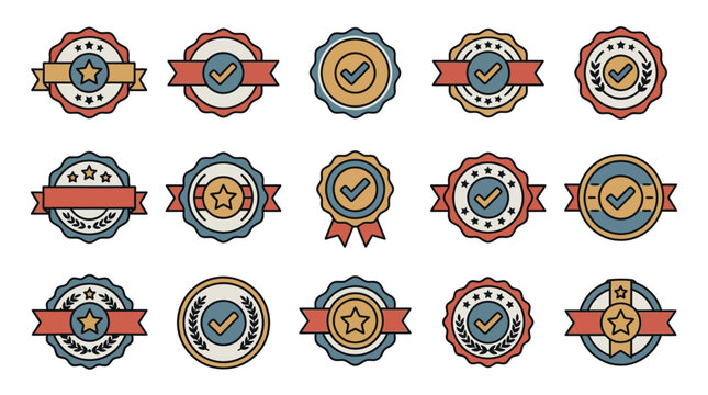 Retro Approval Stamp Set with Editable Strokes Vintage Quality Badges Digitally Generated Collection Multiple Stamp Layouts Arranged Together