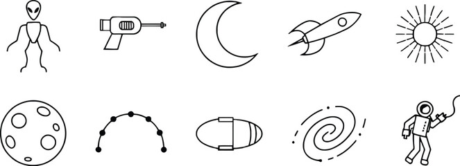 Space Exploration and Sci Fi Line Icons Set featuring Astronaut Rocket Ship Alien Laser Gun Galaxy and Planet Symbols for Astronomy and STEM Design Layouts © harry