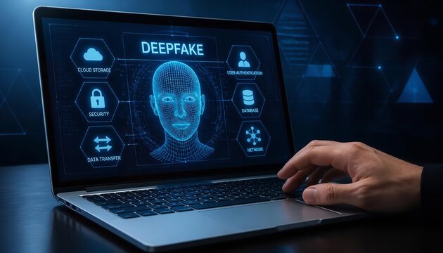 Modern laptop screen displaying deepfake technology with a glowing blue wireframe human face and various complex security interface icons overlaying