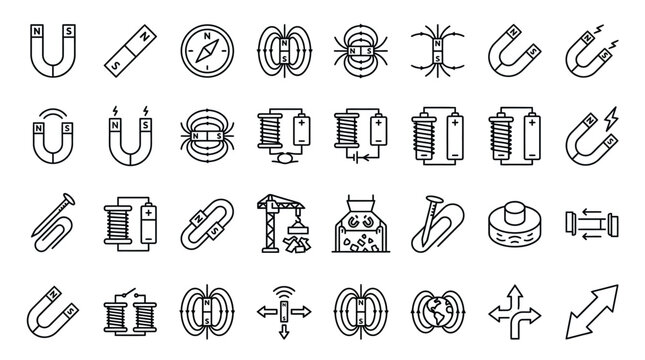 Set of 30 modern outline icons about magnets and magnetic concepts including horseshoe magnet magnetic field attraction repulsion electromagnet compass and more linear editable stroke