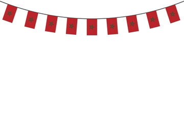 Fototapeta premium Moroccan flag bunting decorations isolated on white background, ideal for national events and Fête du Trône.