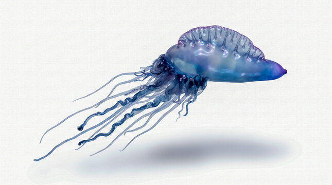 Physalia physalis aislada sobre fondo blanco puro con sombra suave. Ilustraci&oacute;n hiperrealista estilo fotograf&iacute;a cient&iacute;fica para uso editorial o educativo. 