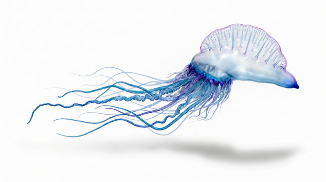 Physalia physalis aislada sobre fondo blanco puro con sombra suave. Ilustraci&oacute;n hiperrealista estilo fotograf&iacute;a cient&iacute;fica para uso editorial o educativo. 