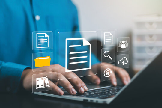 Digital document management concept with electronic file organization, cloud storage, secure document control, business workflow, online collaboration, data protection and enterprise technology.