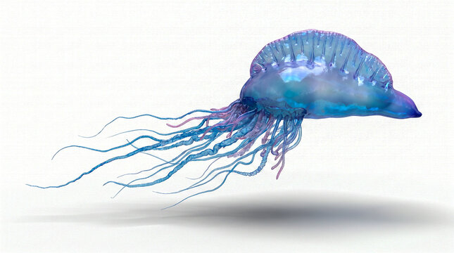 Physalia physalis aislada sobre fondo blanco puro con sombra suave. Ilustraci&oacute;n hiperrealista estilo fotograf&iacute;a cient&iacute;fica para uso editorial o educativo. 