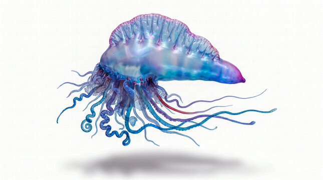 Physalia physalis aislada sobre fondo blanco puro con sombra suave. Ilustraci&oacute;n hiperrealista estilo fotograf&iacute;a cient&iacute;fica para uso editorial o educativo. 