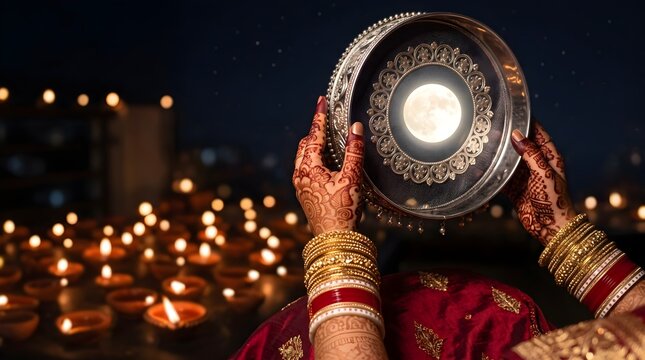 Karva Chauth Moon Sighting Through Sieve Traditional Ritual Close-up