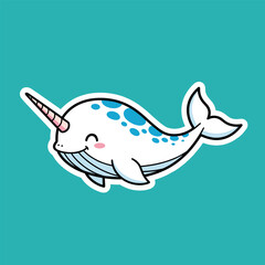 A cute cartoon narwhal illustration with a smiling expression and blue spots. © Haruka