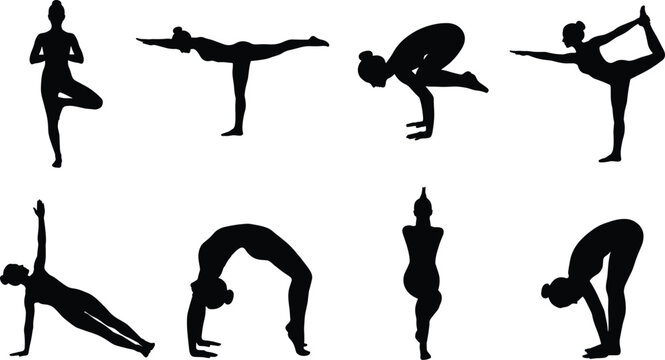 Black silhouette set of people performing yoga poses including tree, warrior, dancer, crow, plank, wheel, and meditation