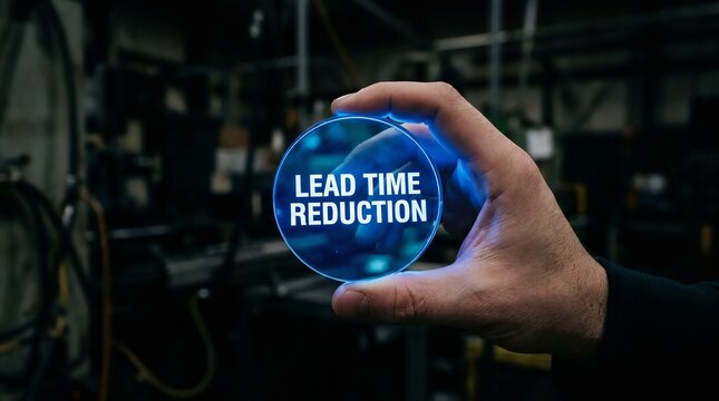 Hand holding glowing blue digital lens with lead time reduction text in modern industrial factory setting