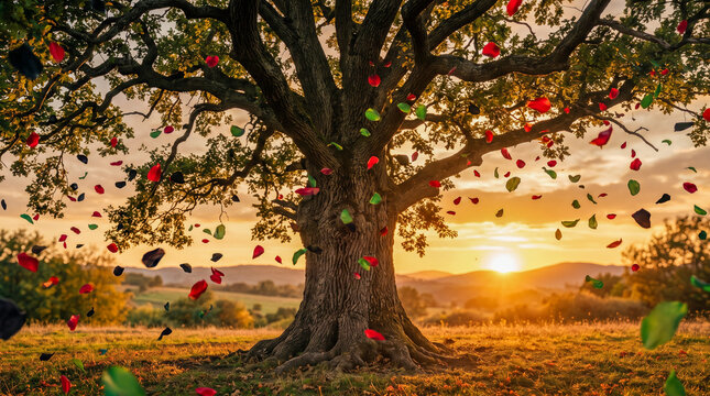 Majestic oak tree in a golden sunset field with colorful falling petals and rolling hills