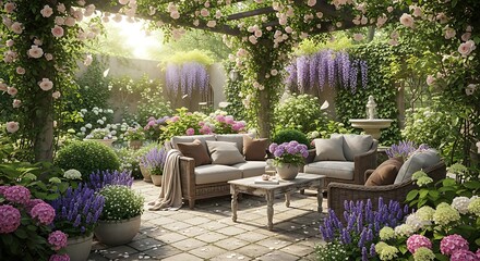 Fototapeta premium A serene and inviting garden patio adorned with lush flowering plants, comfortable outdoor furniture, and a charming pergola, bathed in warm sunlight.