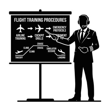 Pilot instructor points to a flight training procedures diagram on a professional presentation.