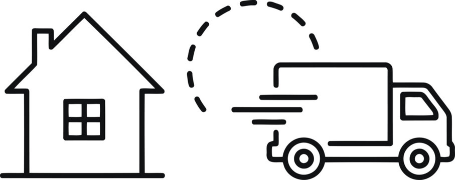 Simple black line vector illustration of delivery truck approaching house