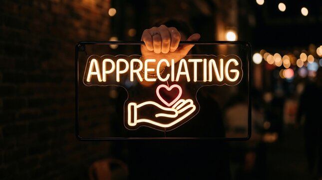 Neon sign glowing with the word APPRECIATING and a heart symbol over an open hand
