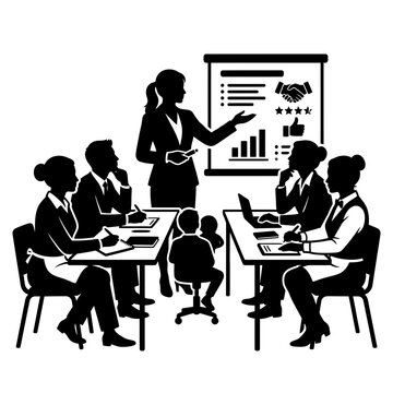 Manager leads a corporate strategy meeting with team members seated at desks in a modern office.