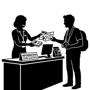 Tourist assistant provides helpful maps and brochures to a traveler at the information help desk.