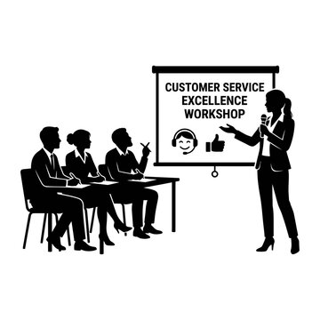 Speaker delivers a customer service excellence workshop to a group of attentive business employees.