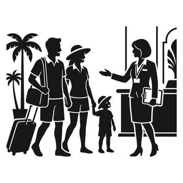 Receptionist silhouette welcomes a traveling family with luggage at a hotel lobby check-in counter.