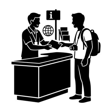 Tourist with a camera and backpack asks for information at a help desk in this travel illustration.