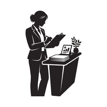 Businesswoman silhouette stands at a reception desk while reviewing financial reports on a.