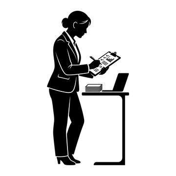 Businesswoman stands at a high desk reviewing financial charts on a clipboard in this illustration.