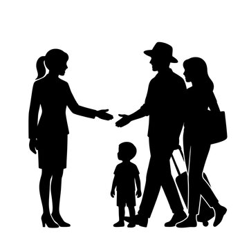 Family arriving at a destination greets a professional woman with a friendly handshake gesture.