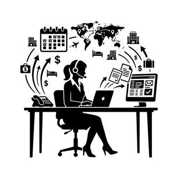 Travel agent silhouette manages global tourism bookings with a laptop and digital communication.