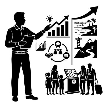 Business professional explains destination growth trends to a family using interactive displays.