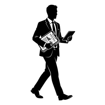 Businessman walks forward while analyzing digital data on a tablet and holding physical reports.